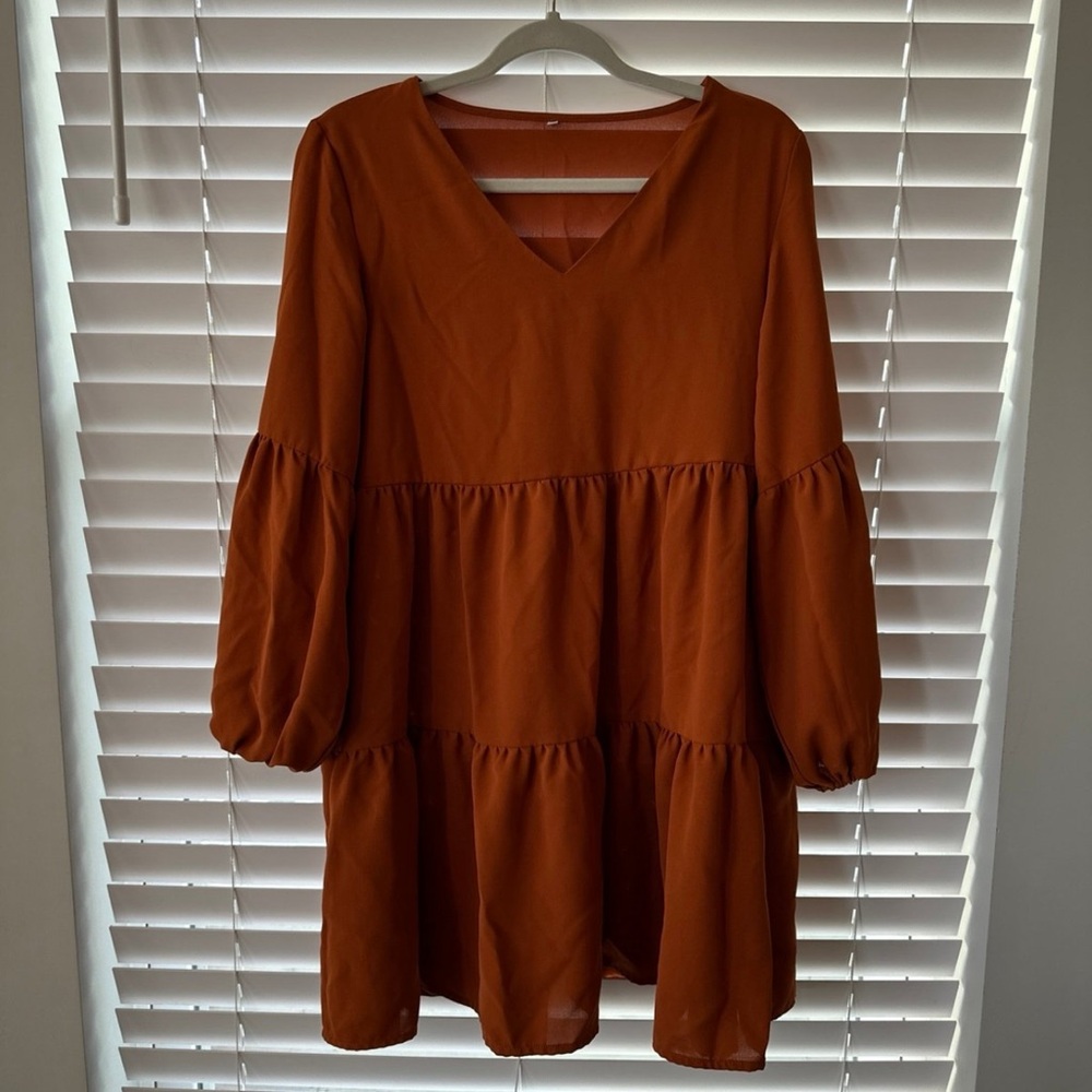 V-Neck Tiered Mini Dress in Rust